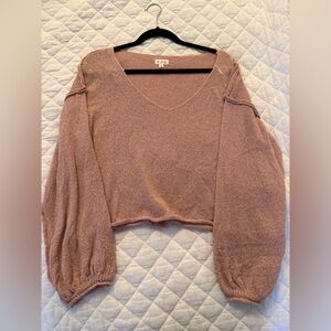 POL Pink V-Neck Cropped Sweater with Balloon Sleeves